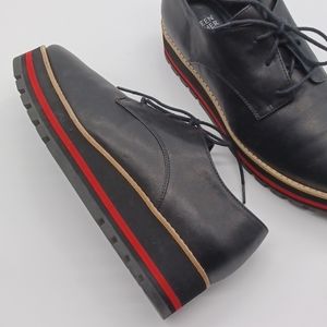 Eileen Fisher Eddy Oxford Leather Platform Wedge Shoes Black Size 7.5